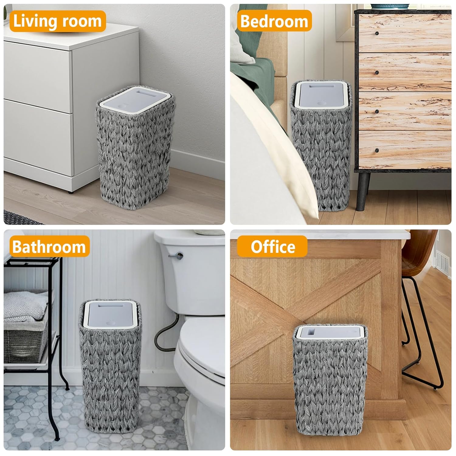 Gray woven trash can with lid in a modern living room setting
