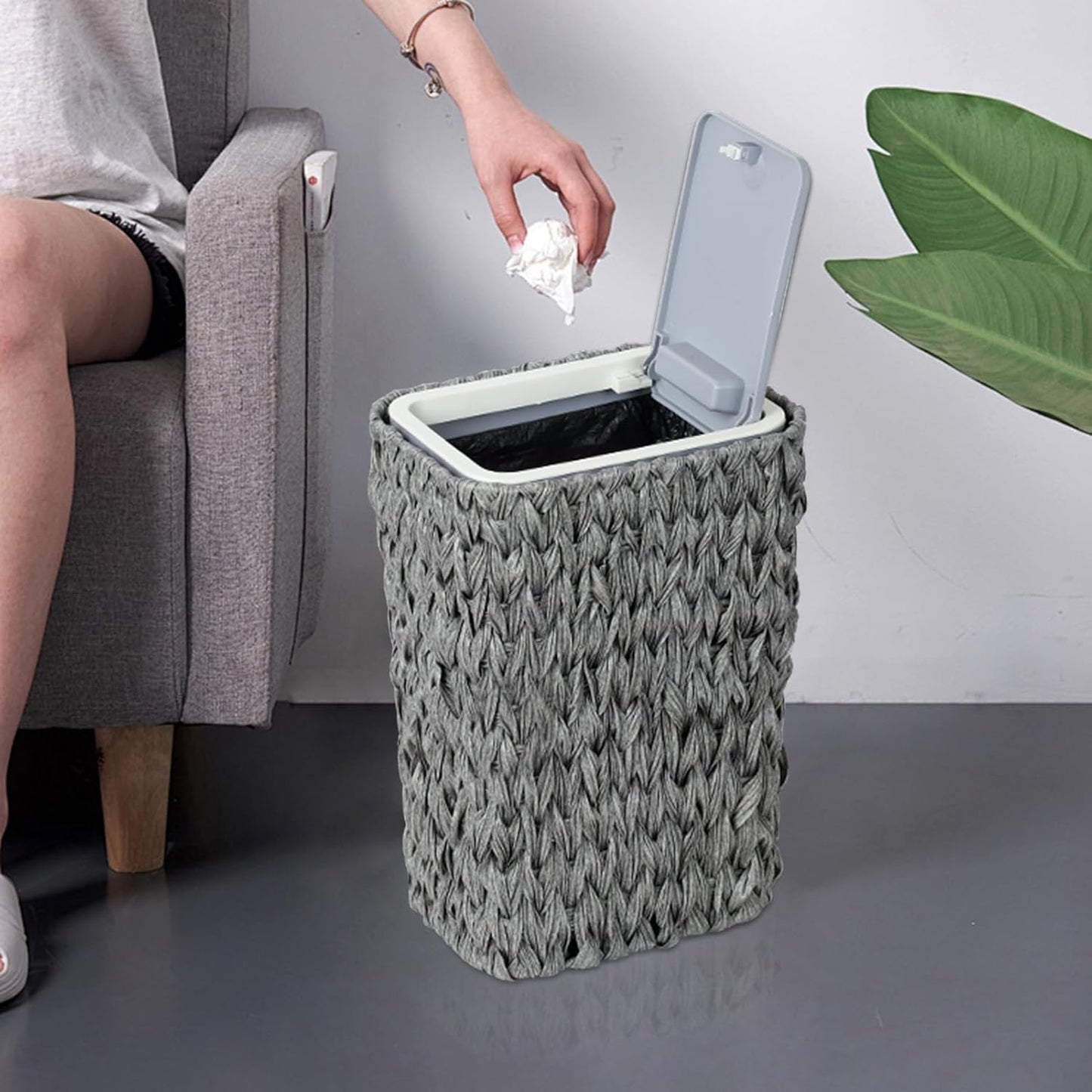 Gray woven trash can with pushopen lid