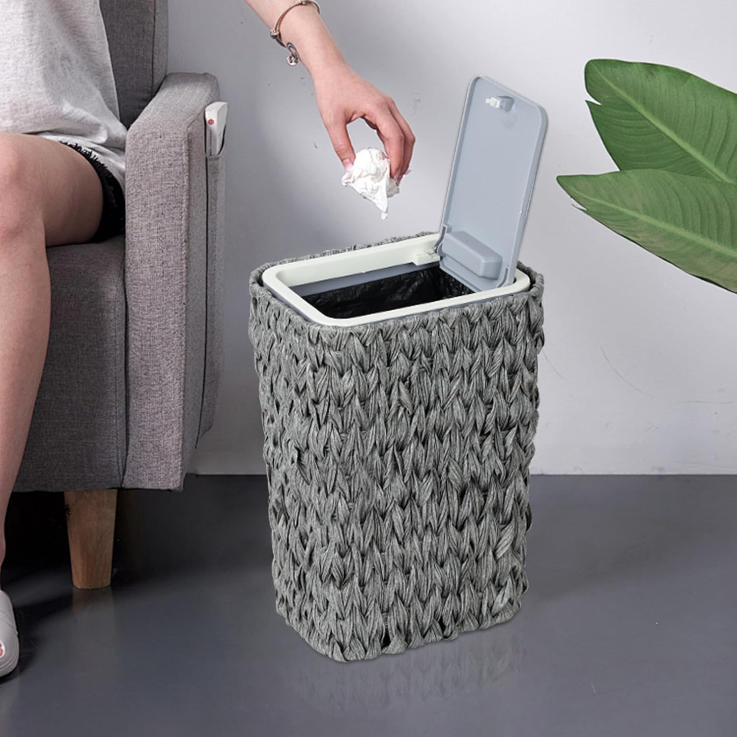 Gray woven trash can with pushopen lid