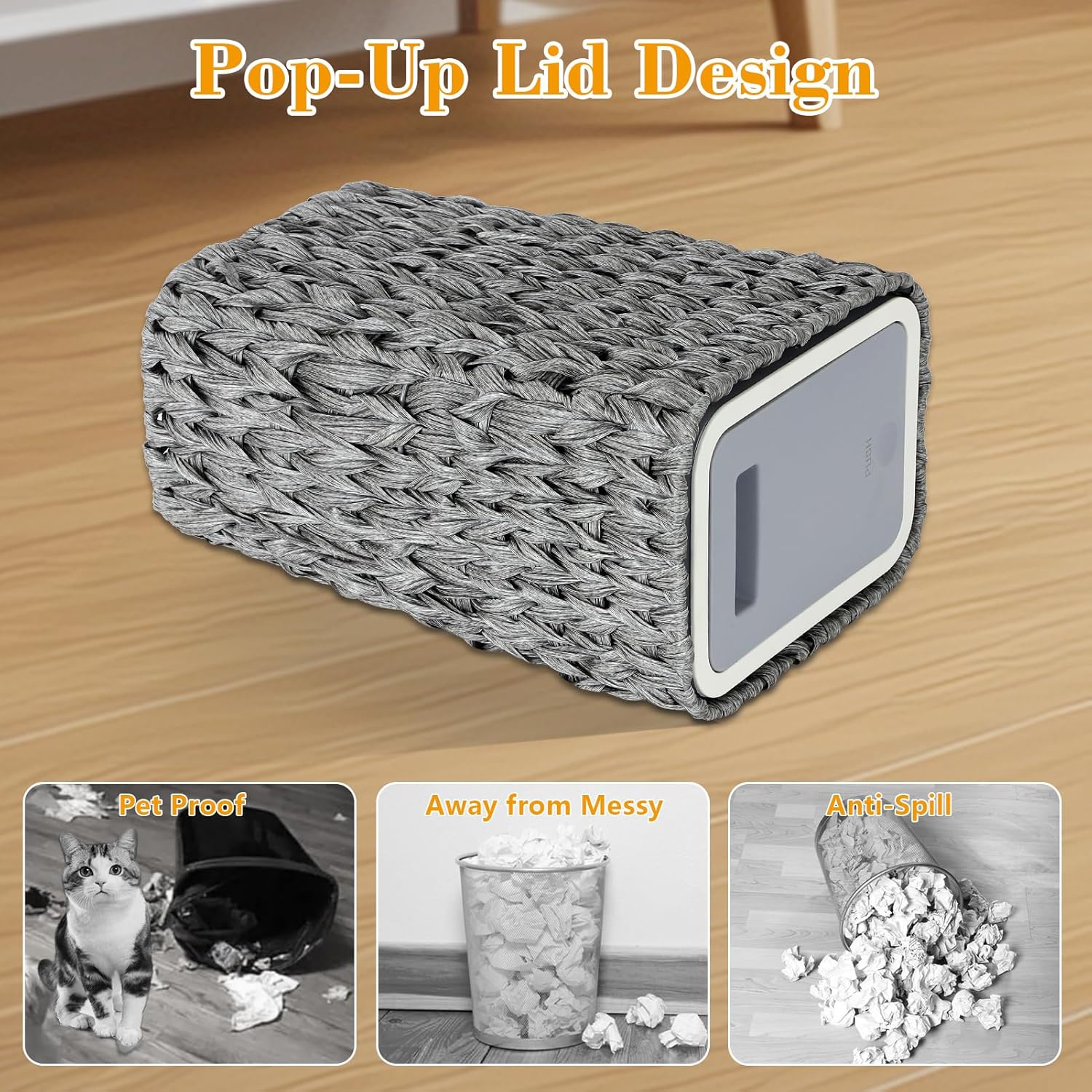 Gray woven trash can with popup lid