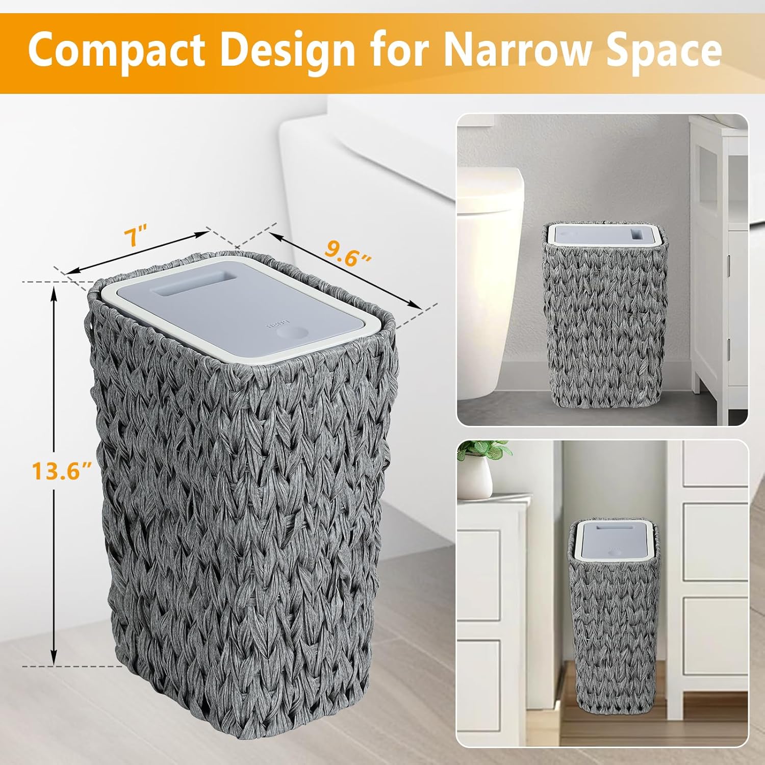Gray woven waste bin with lid