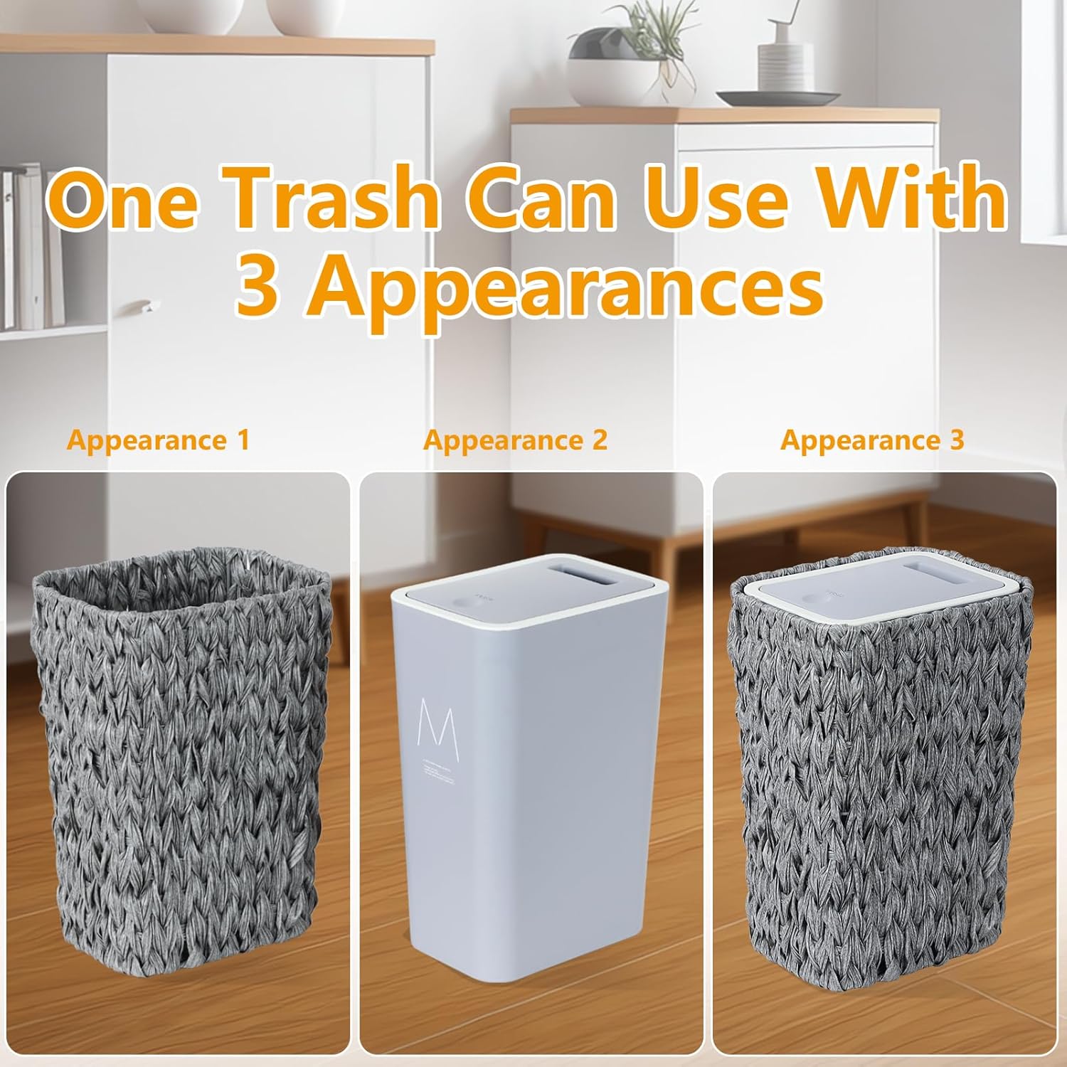 Gray woven wicker trash can with open top