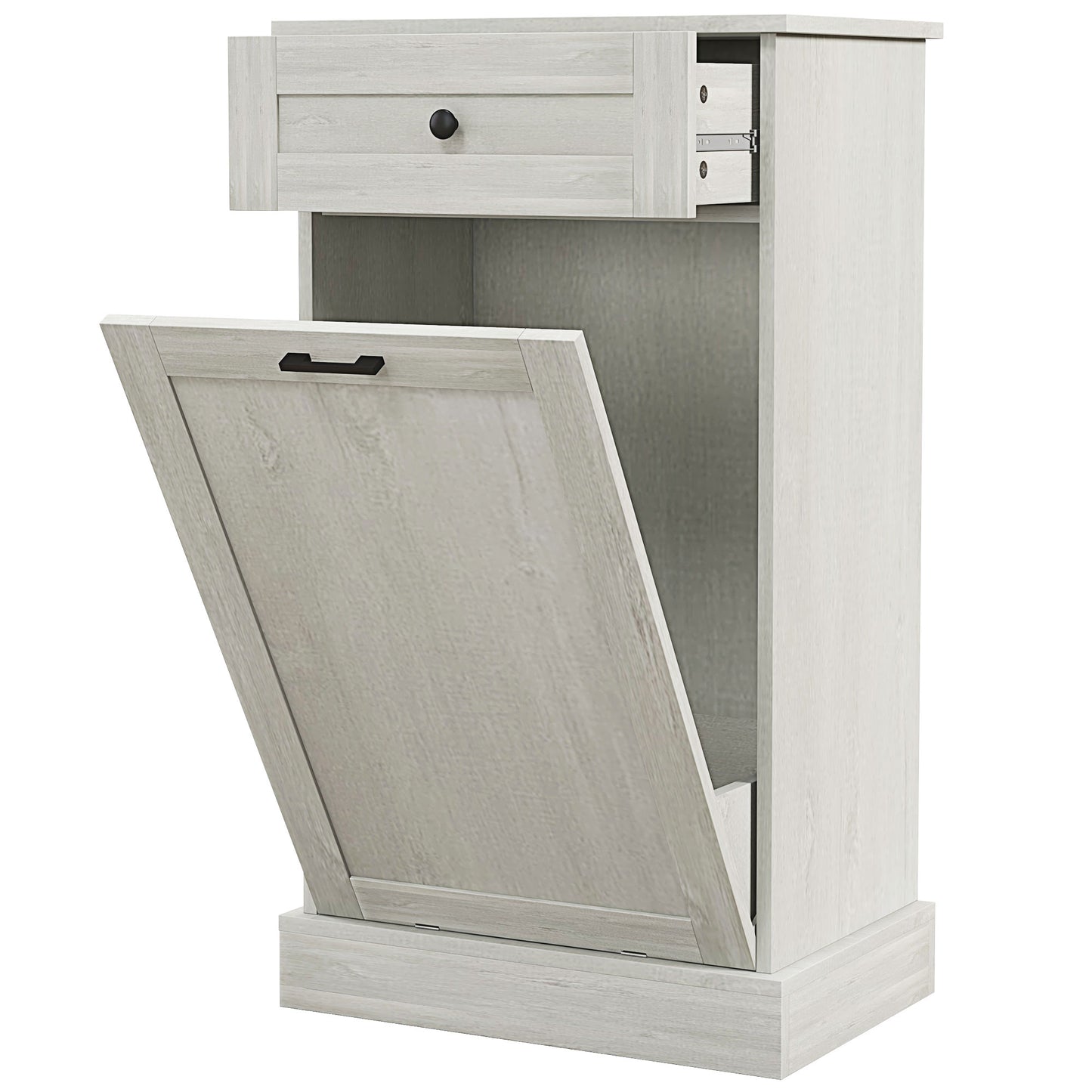 Whitewashed wood trash can cabinet with a single drawer and open flipdown door