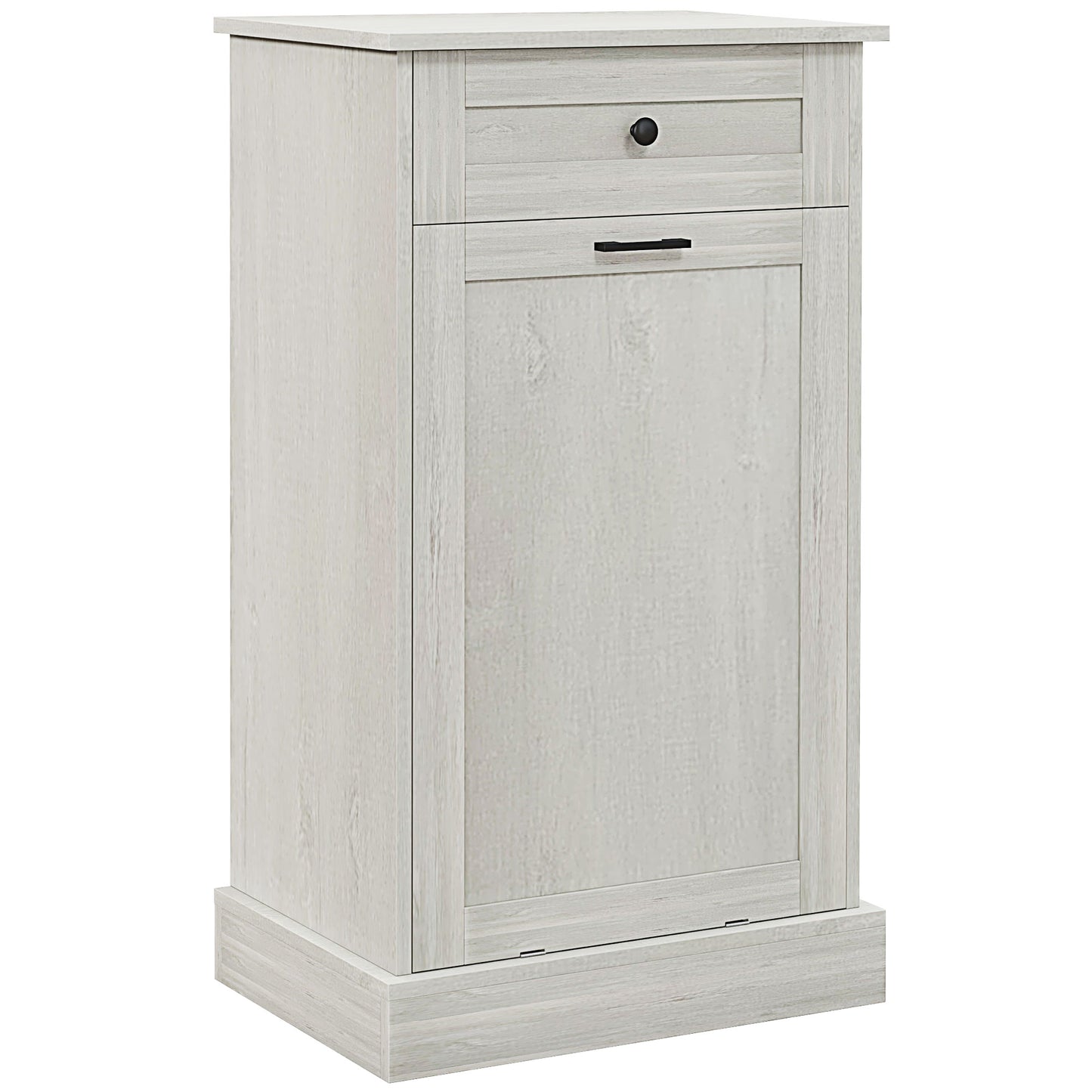Rustic grey wood laundry hamper with one drawer and cabinet door