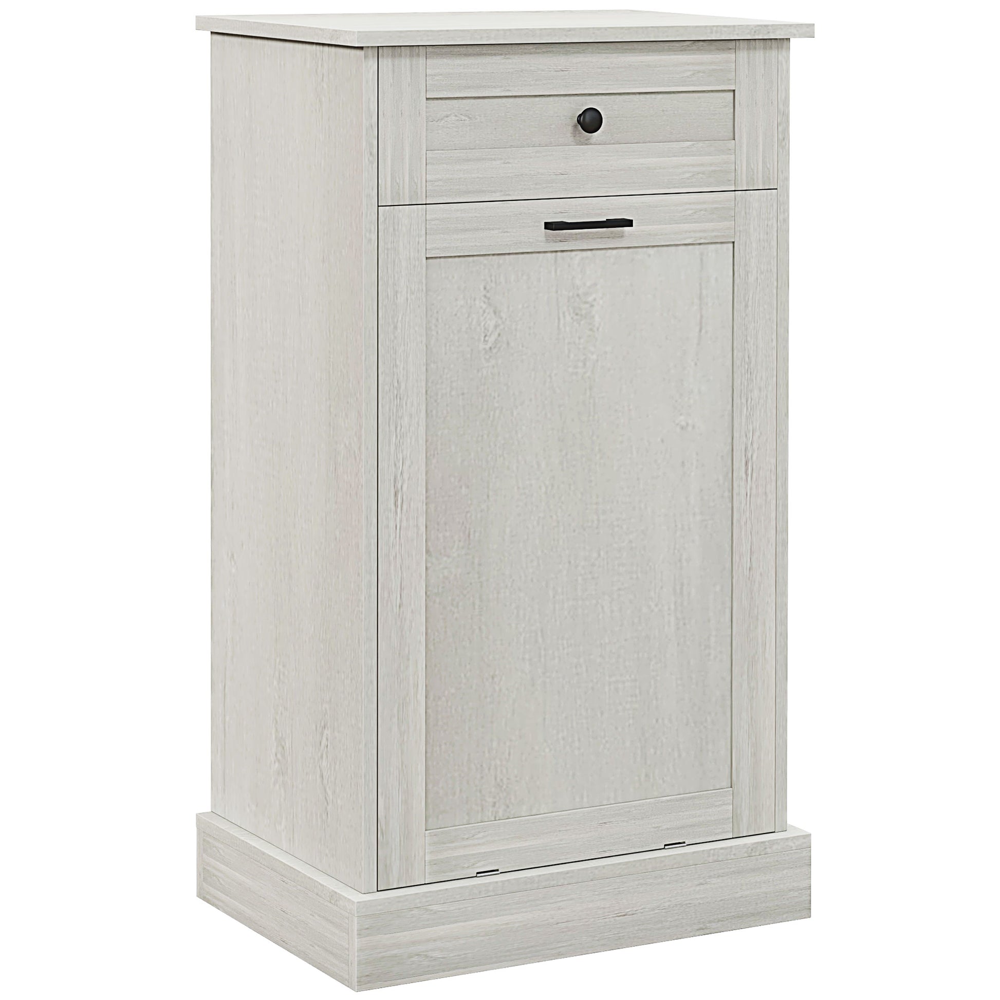 Rustic grey wood laundry hamper with one drawer and cabinet door