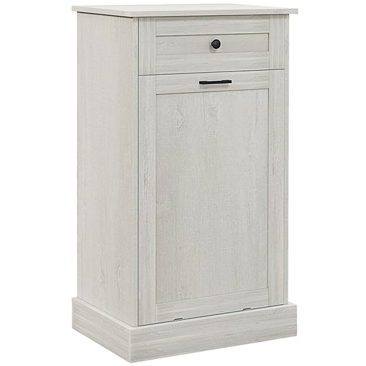 Rustic grey wood laundry hamper with one drawer and cabinet door