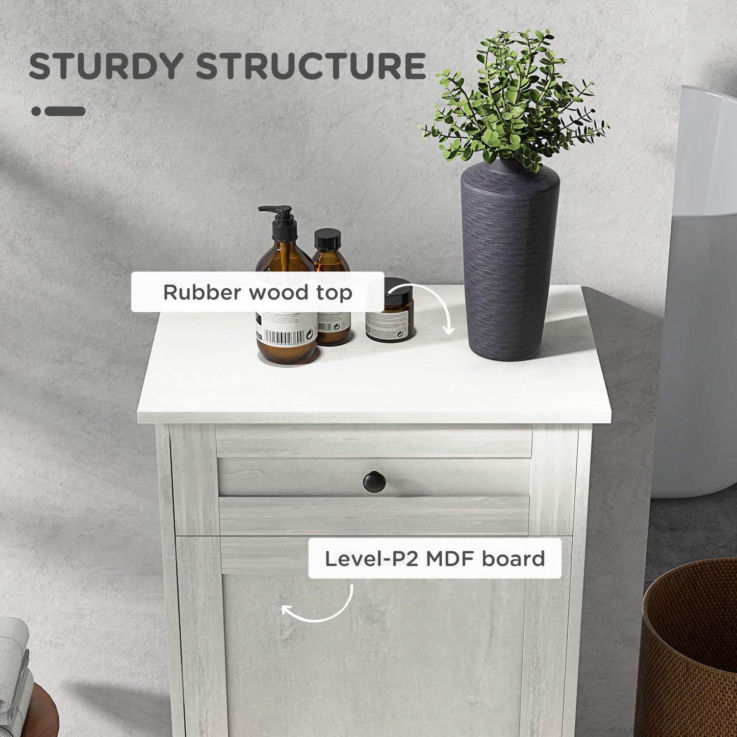 Light gray rustic wood storage cabinet with a drawer and rubber wood top