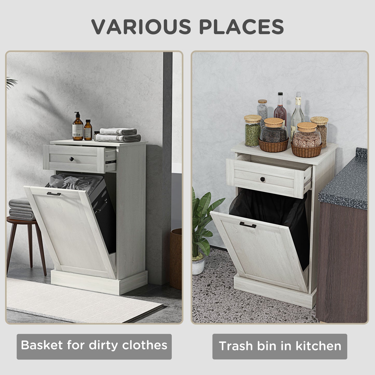 Distressed white laundry basket with open front and stacked towels