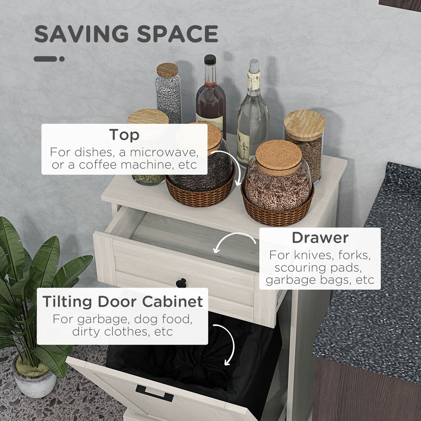Light wood kitchen cabinet with open drawer and tilting bin perfect for saving space