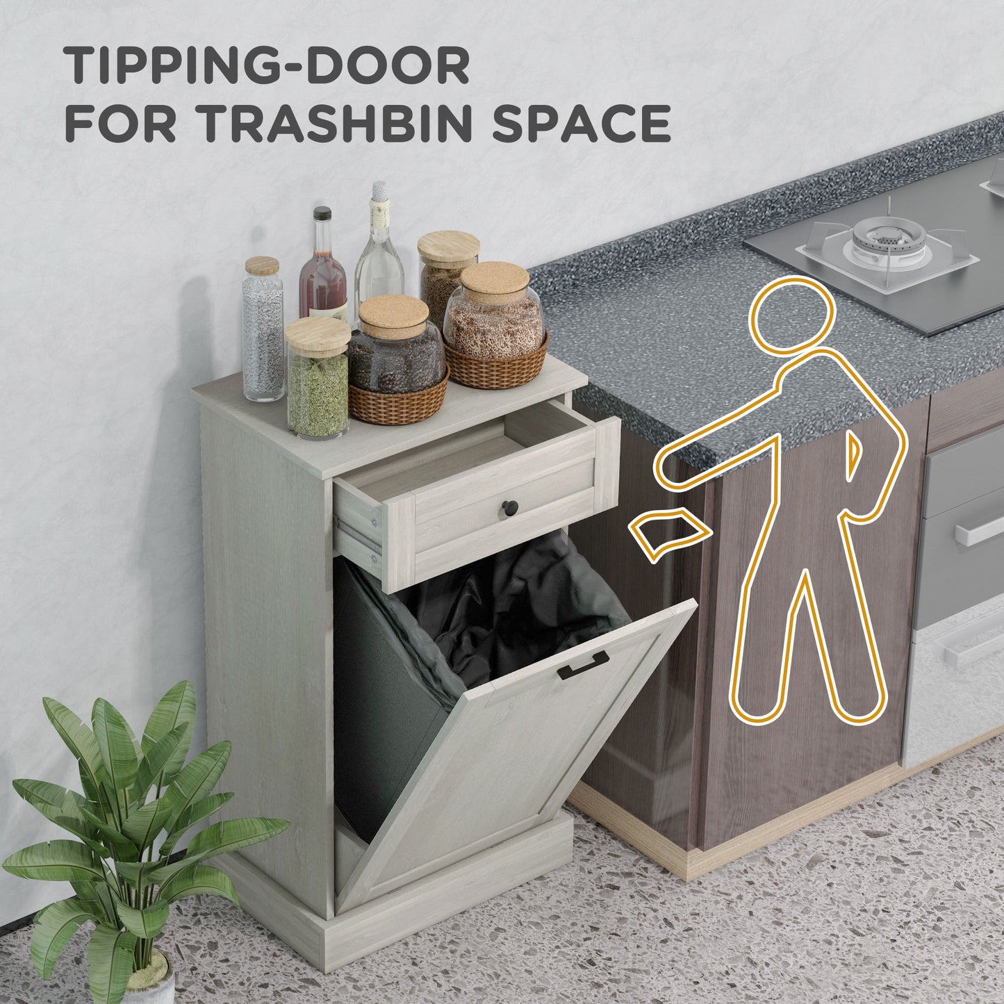 Light gray tippingdoor trash bin cabinet with drawer for kitchen storage