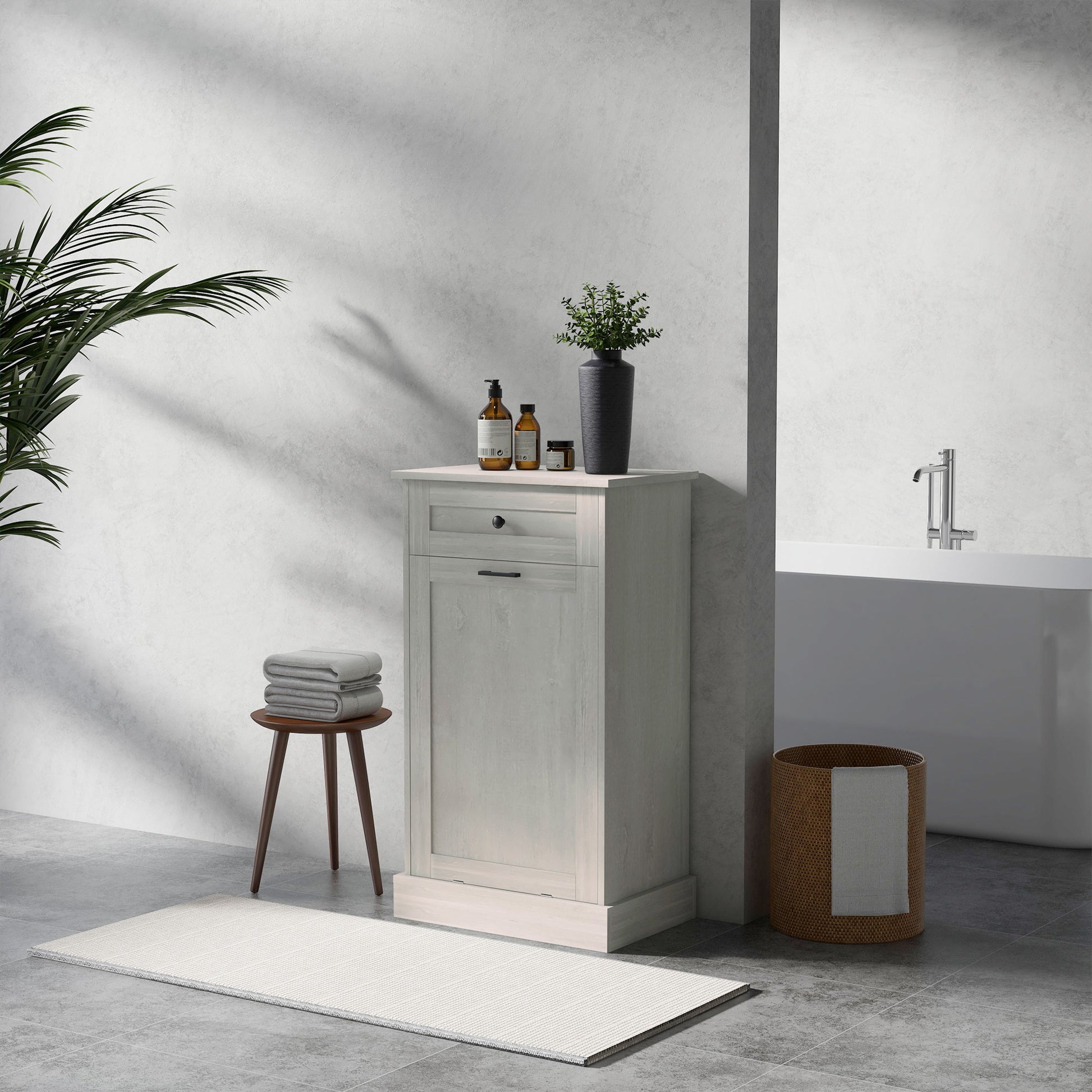 Light wood bathroom cabinet with a single drawer and storage compartment