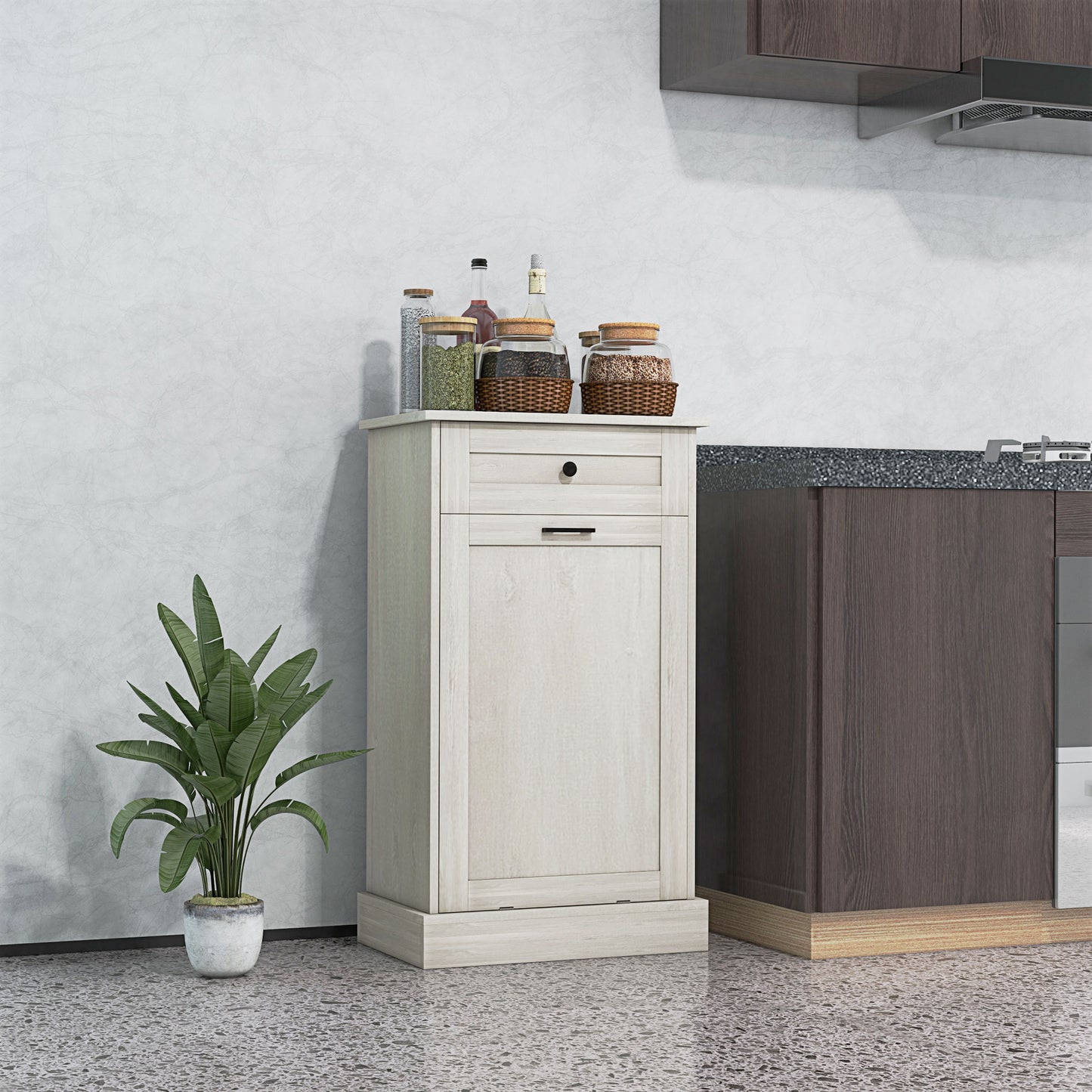 Light wood kitchen trash bin with one drawer and a front cabinet