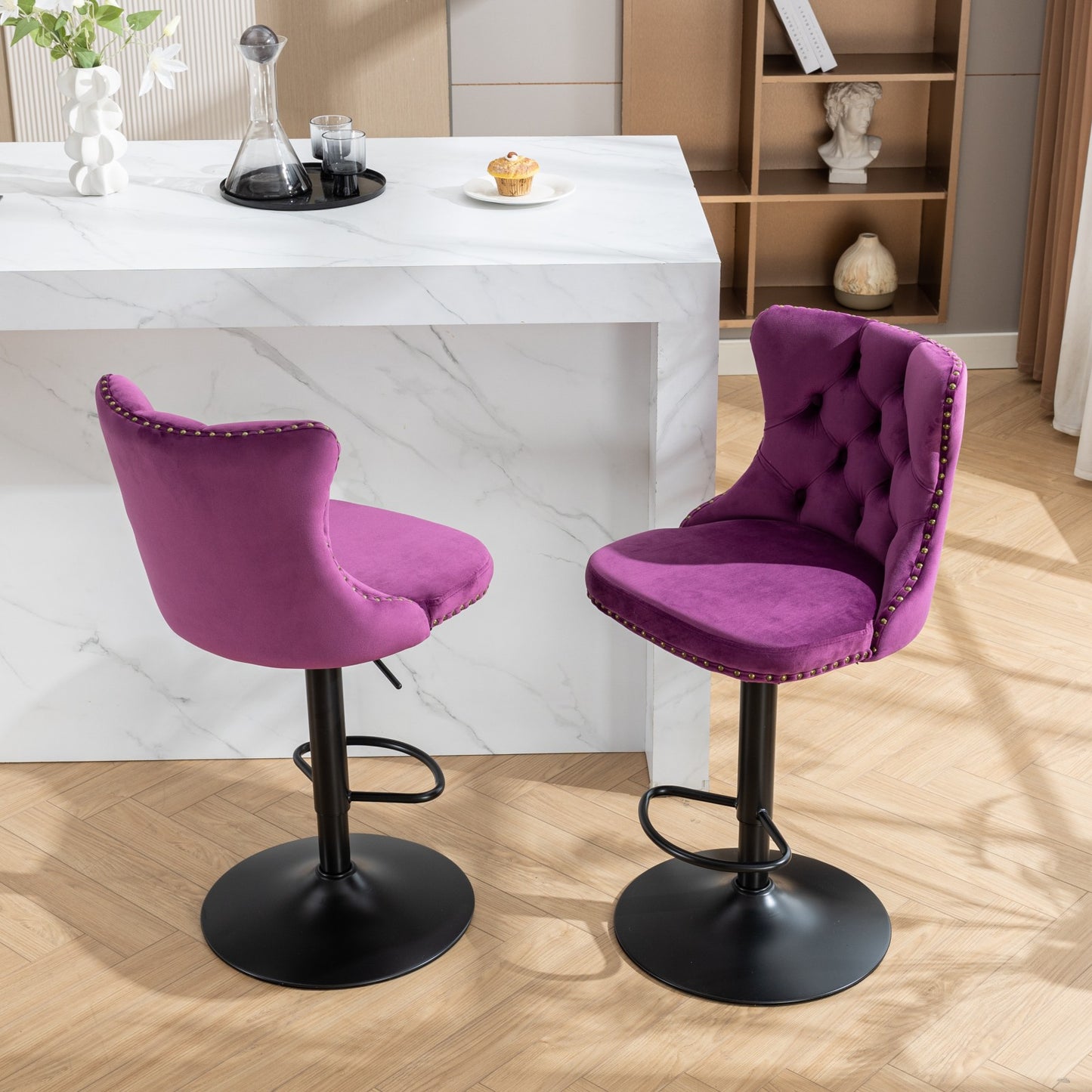 Purple velvet bar stool with tufted back and gold nailhead trim