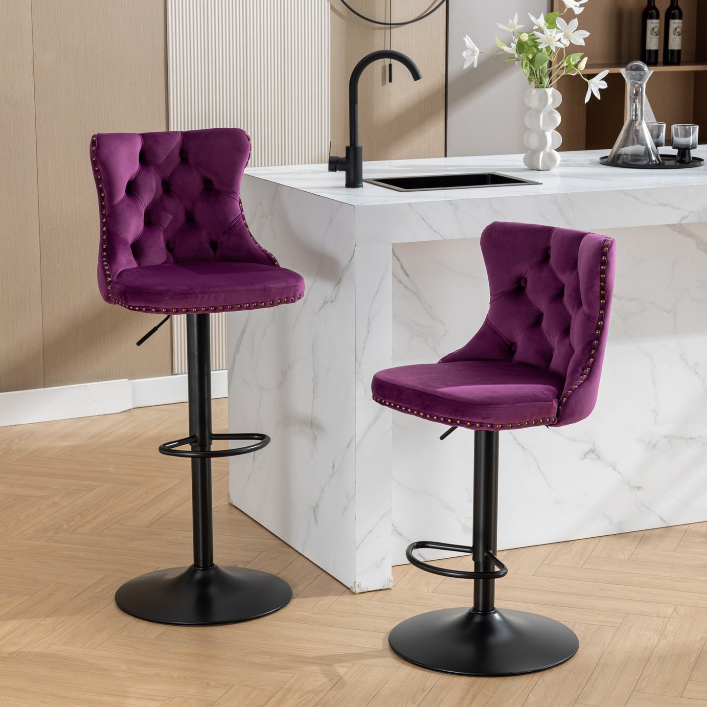 Plush velvet purple bar stool with gold stud trim and tufted back