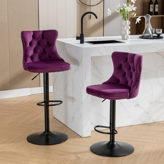Plush velvet purple bar stool with gold stud trim and tufted back