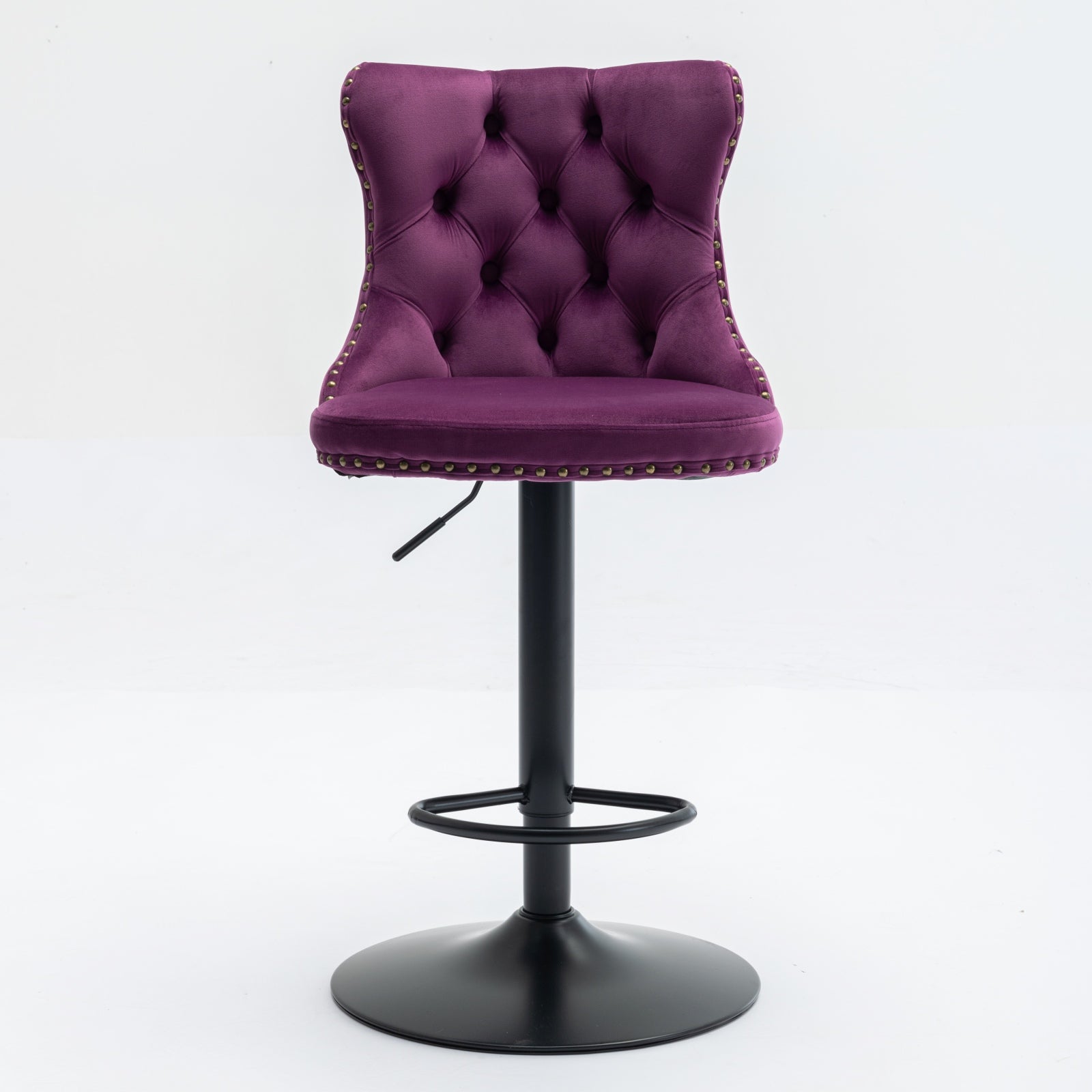 Adjustable purple velvet tufted bar stool with brass nailhead trim and black base
