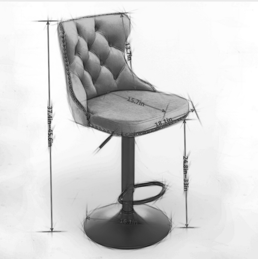 Gray velvet tufted bar stool with silver nailhead trim and adjustable height