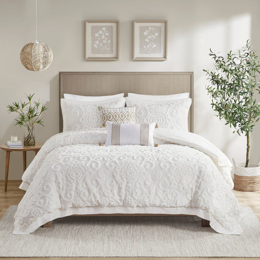 TREATLIFE HOME Comforter Mini Set with Tufted Chenille Embroidery, Oversized and Overfilled, Soft Ivory Color, King Size