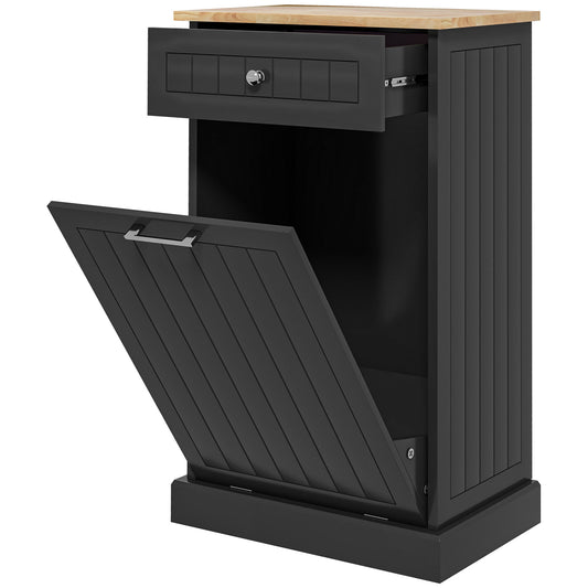 Black kitchen trash bin cabinet with single drawer and flipdown door