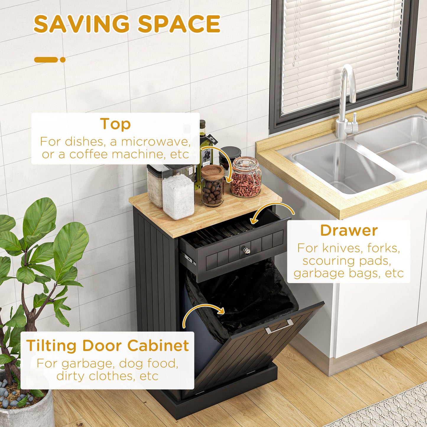 Black tilting door cabinet with wooden top perfect for kitchen storage and trash
