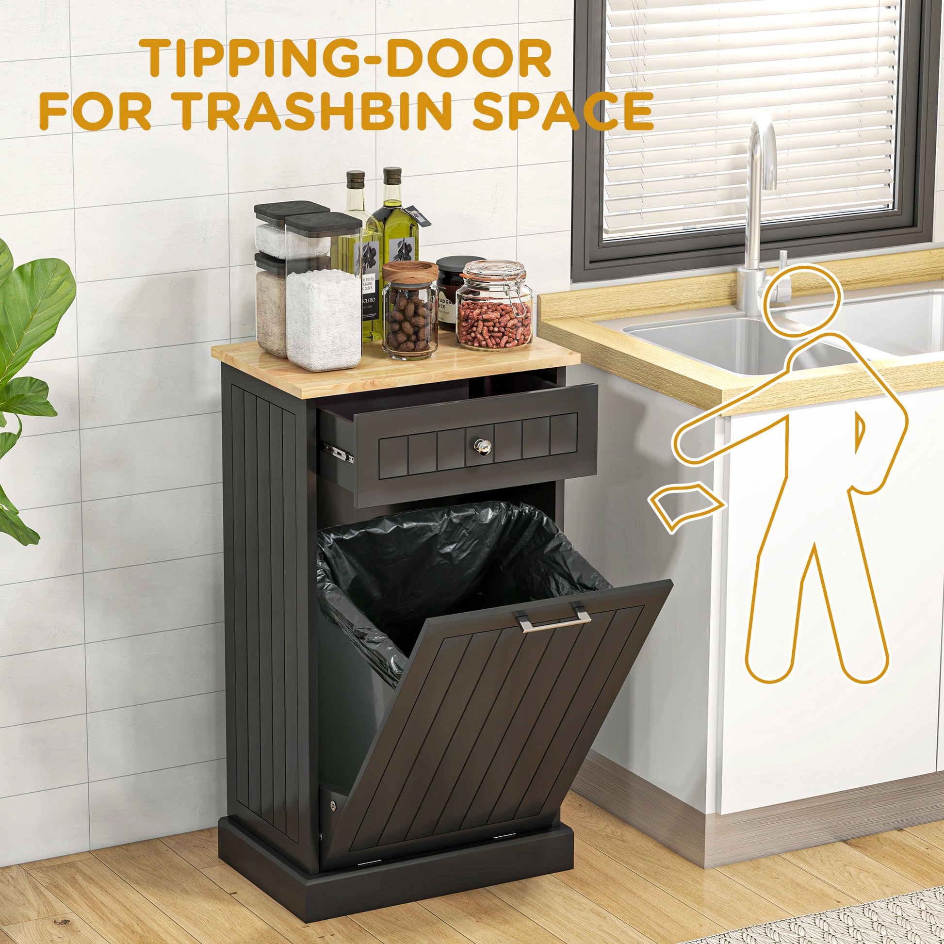 Dark wood trash bin cabinet with tipping door and open drawer