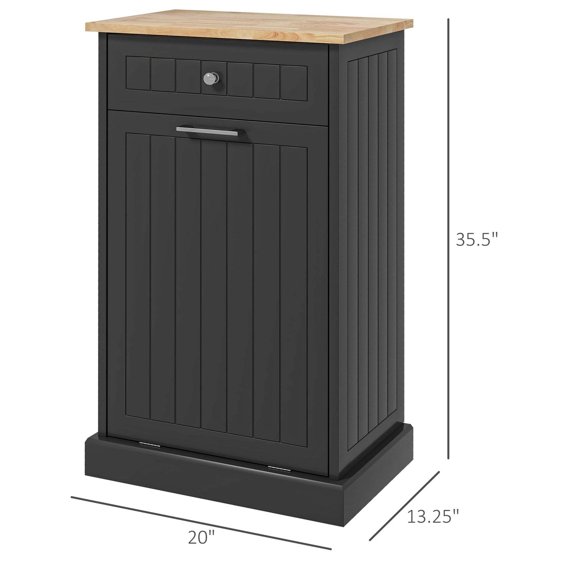 Dark gray kitchen trash cabinet with wood top and drawer