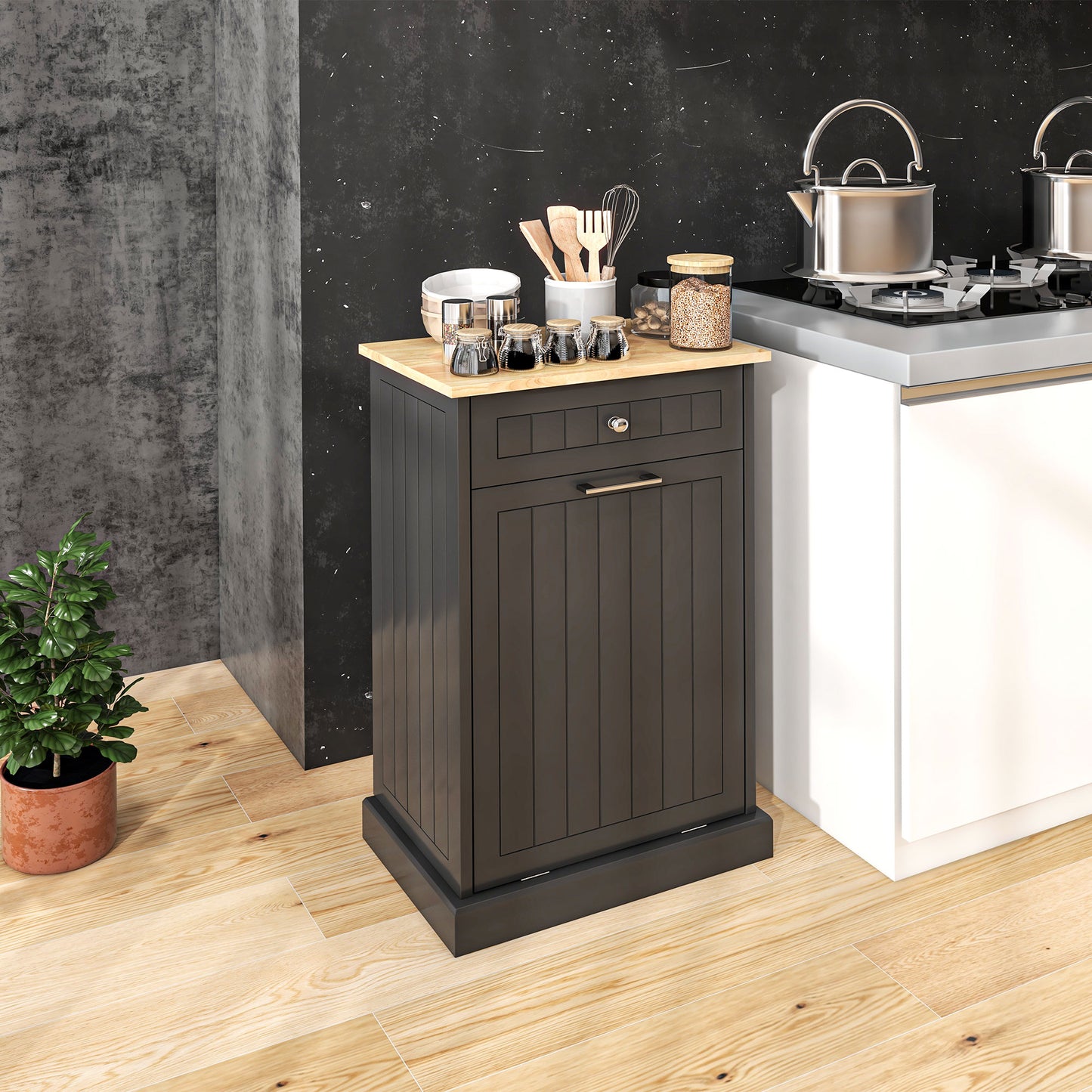Dark gray wooden trash cabinet with a drawer and bamboo top