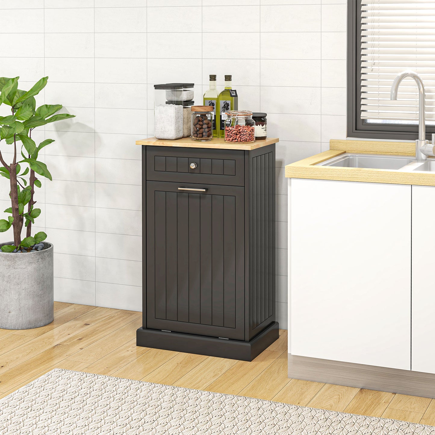 Dark wood kitchen trash can with pullout drawer and slatted cabinet door