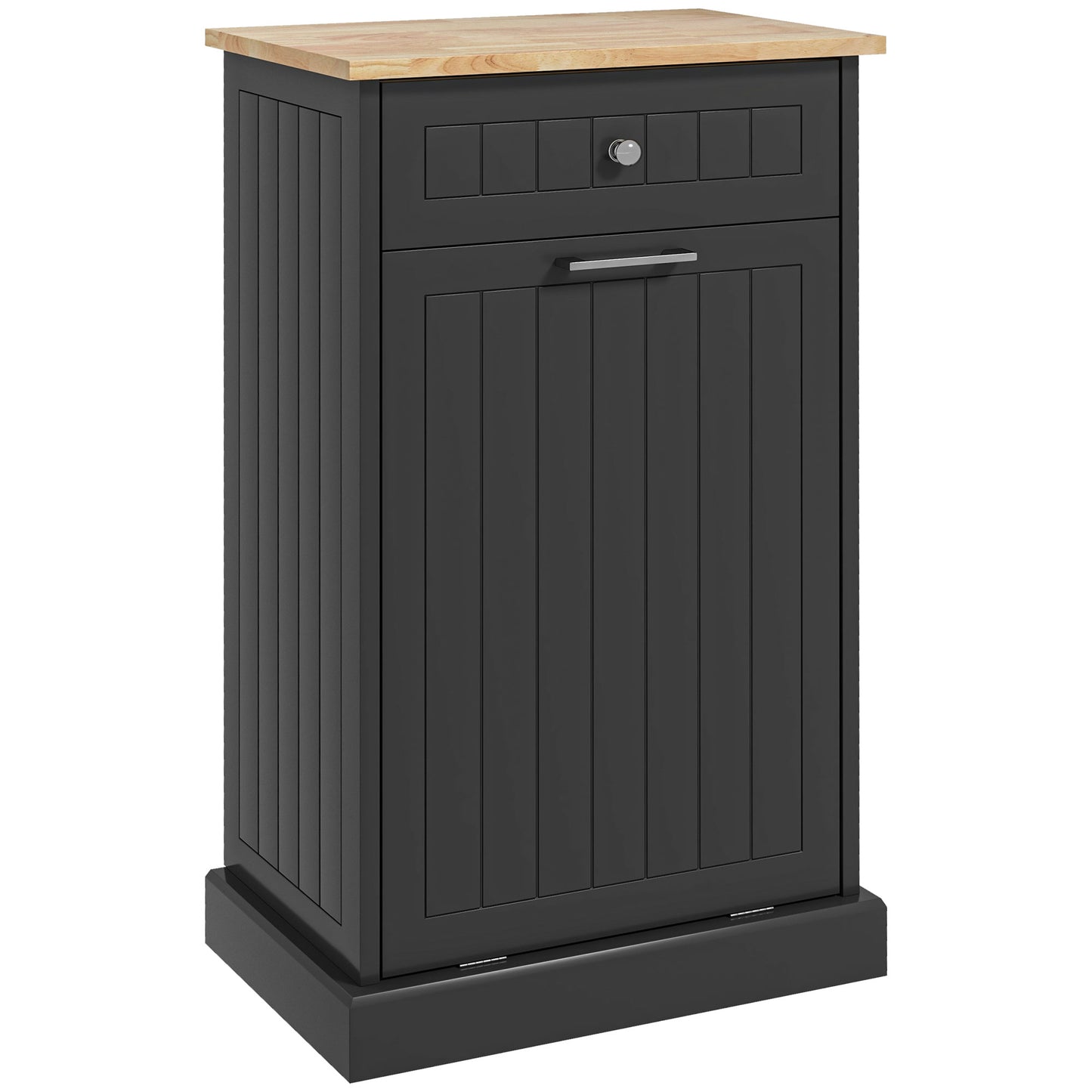 Dark grey kitchen bin cabinet with a natural wood top and a single drawer