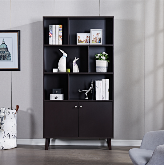 Dark brown bookcase with open shelves and cabinet doors