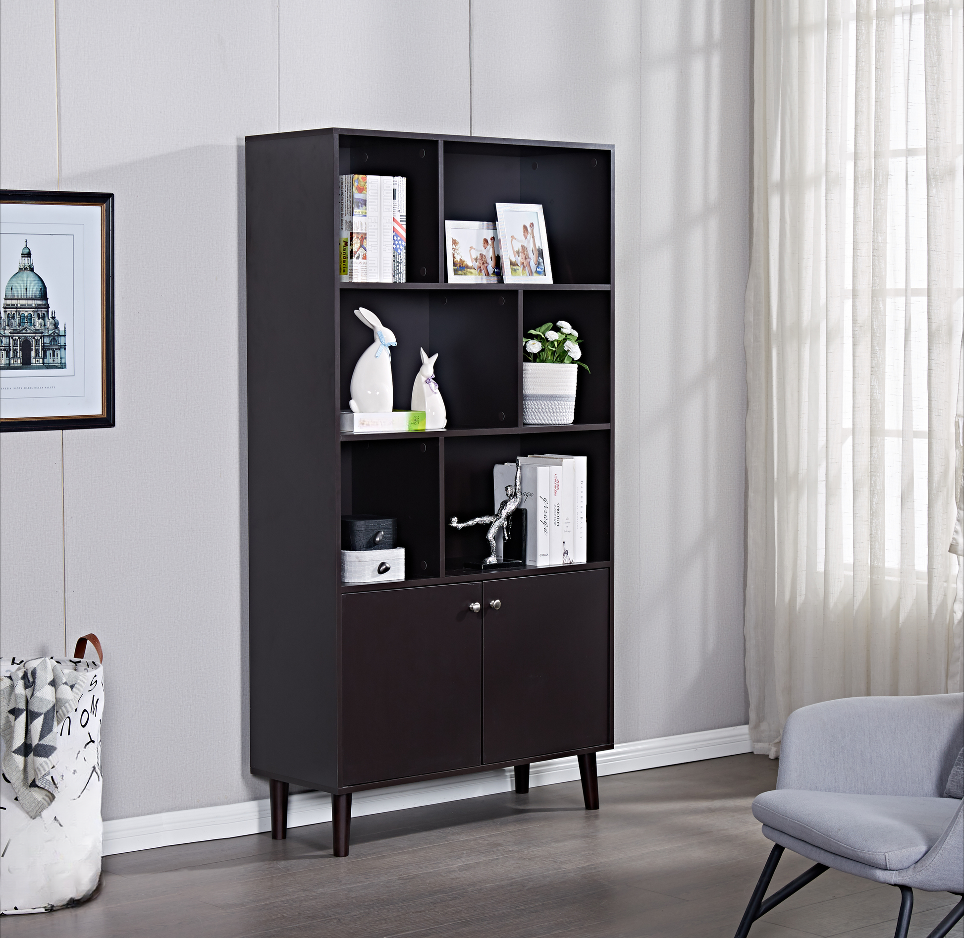 Dark brown modern bookshelf with open shelves and two bottom cabinets