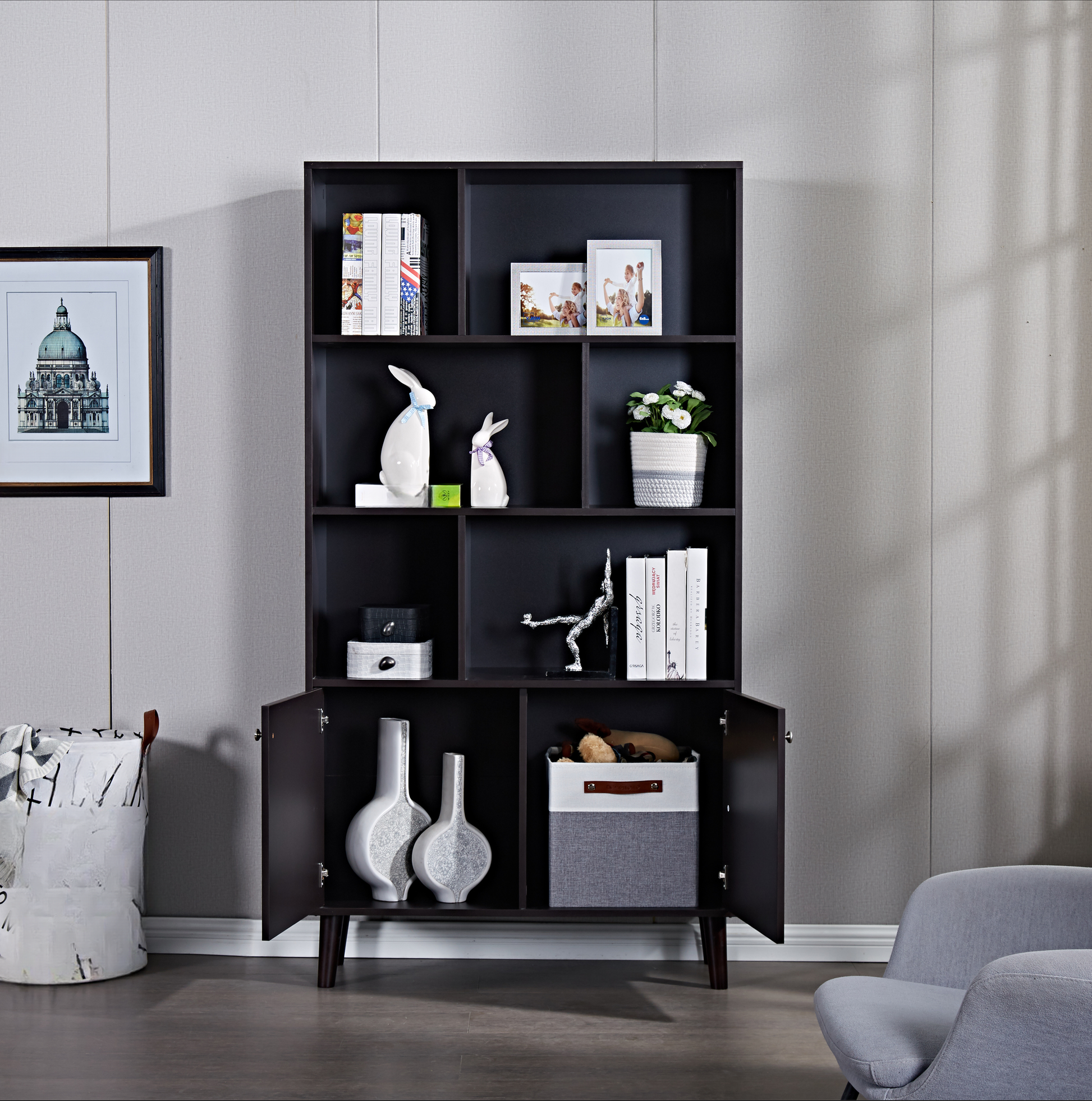 Dark brown contemporary bookcase with open shelves and cabinets