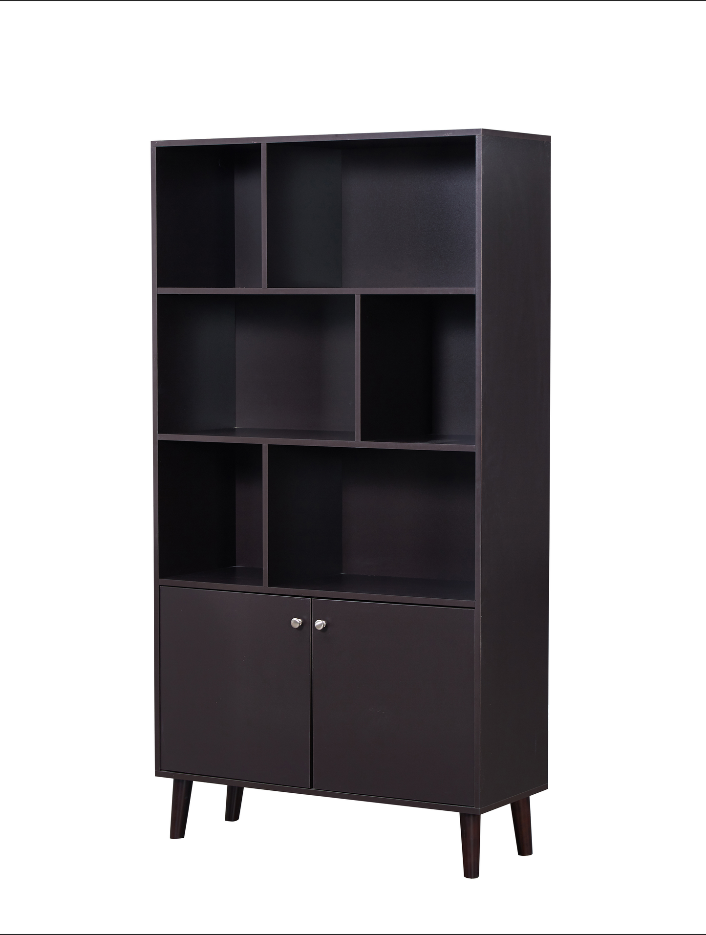 Dark brown tall bookcase with multiple shelves and two cabinet doors