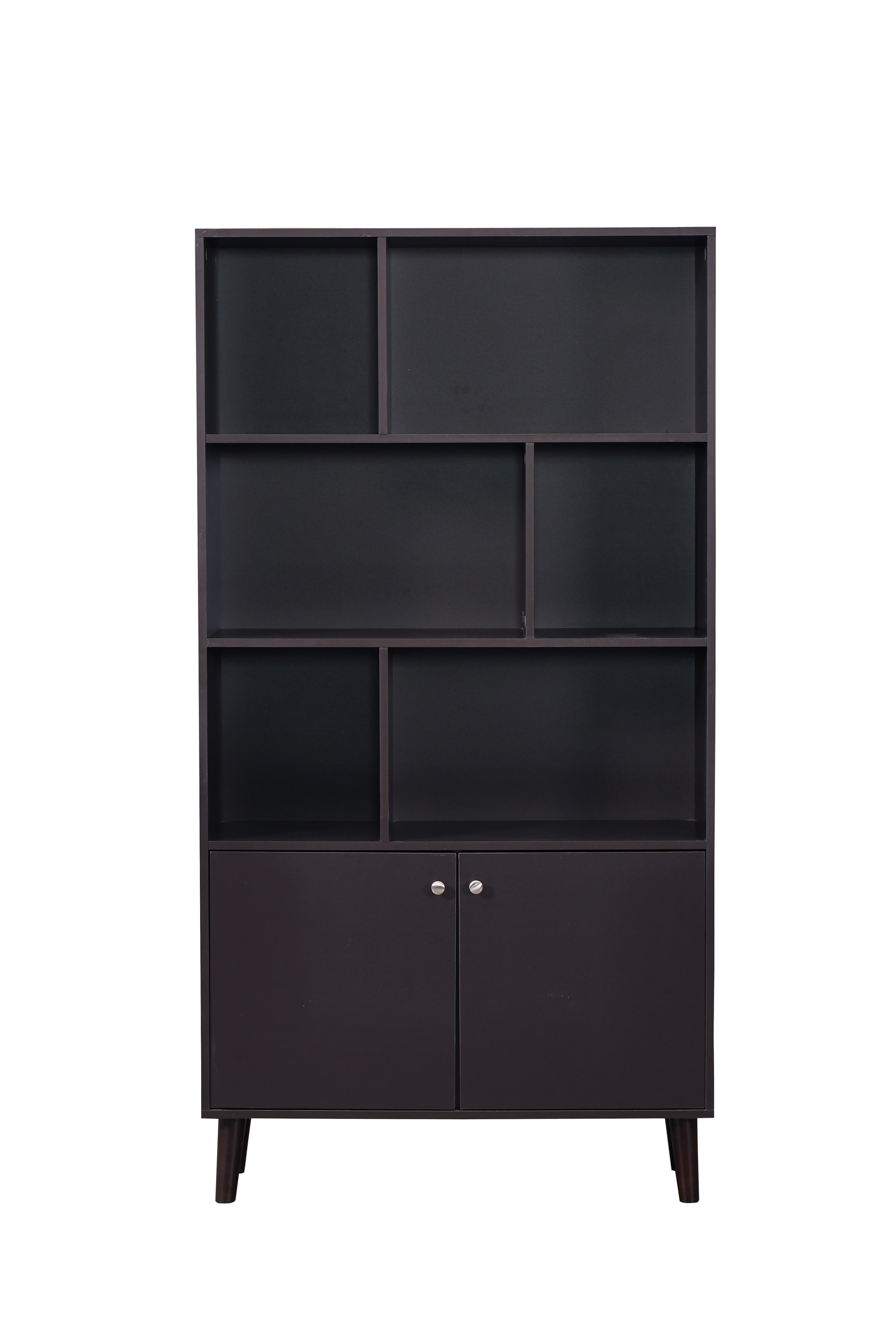 Dark brown geometric bookshelf with two cabinet doors and tapered legs