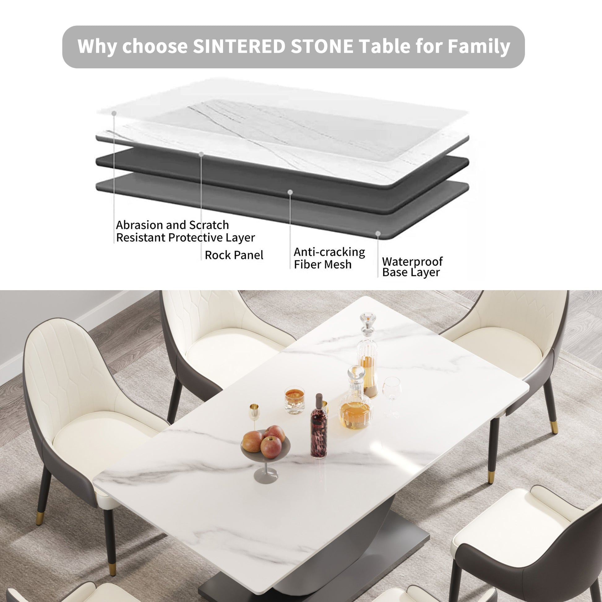 Marble patterned sintered stone dining table with modern grey pedestal base