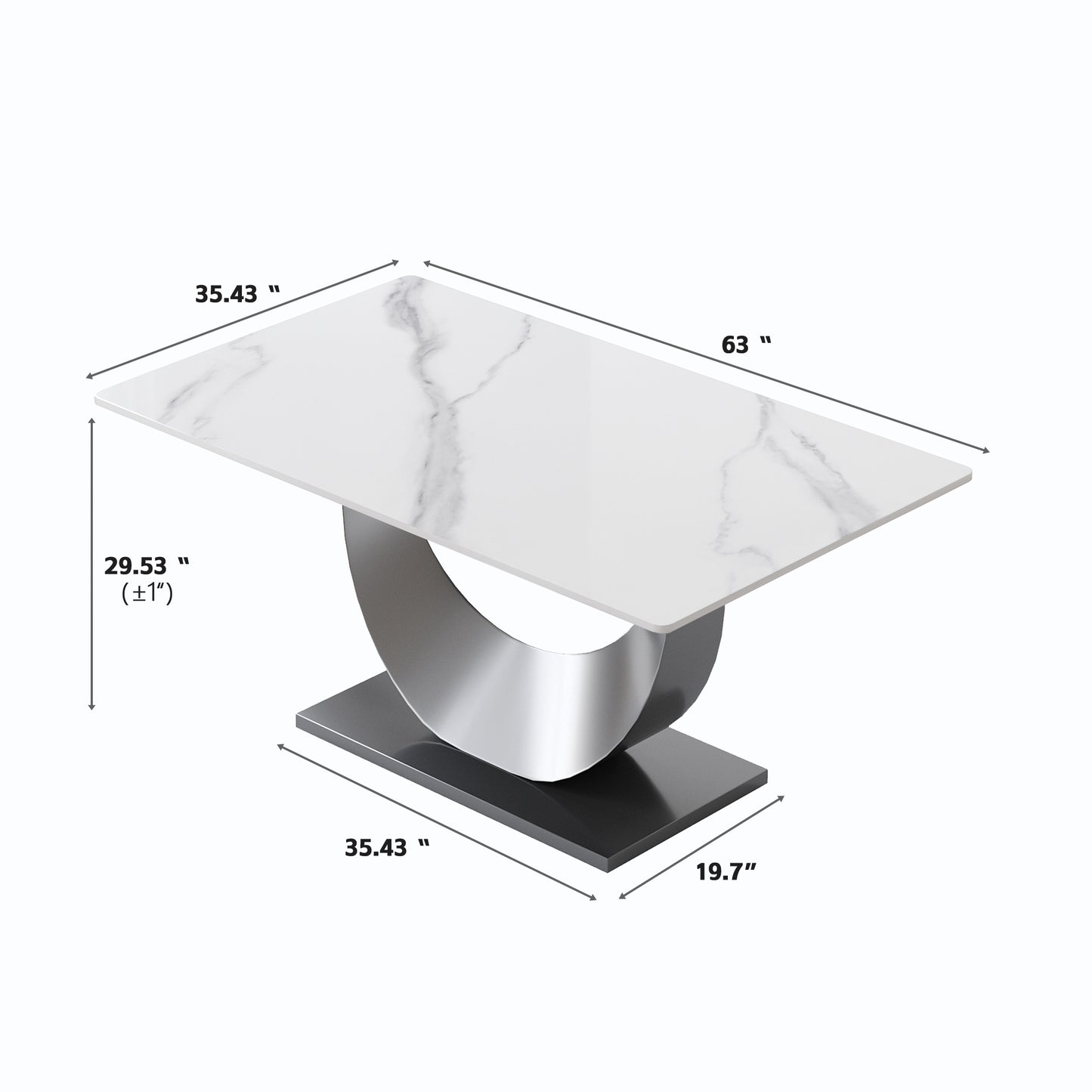 Modern white marble top dining table with a sleek chrome pedestal base