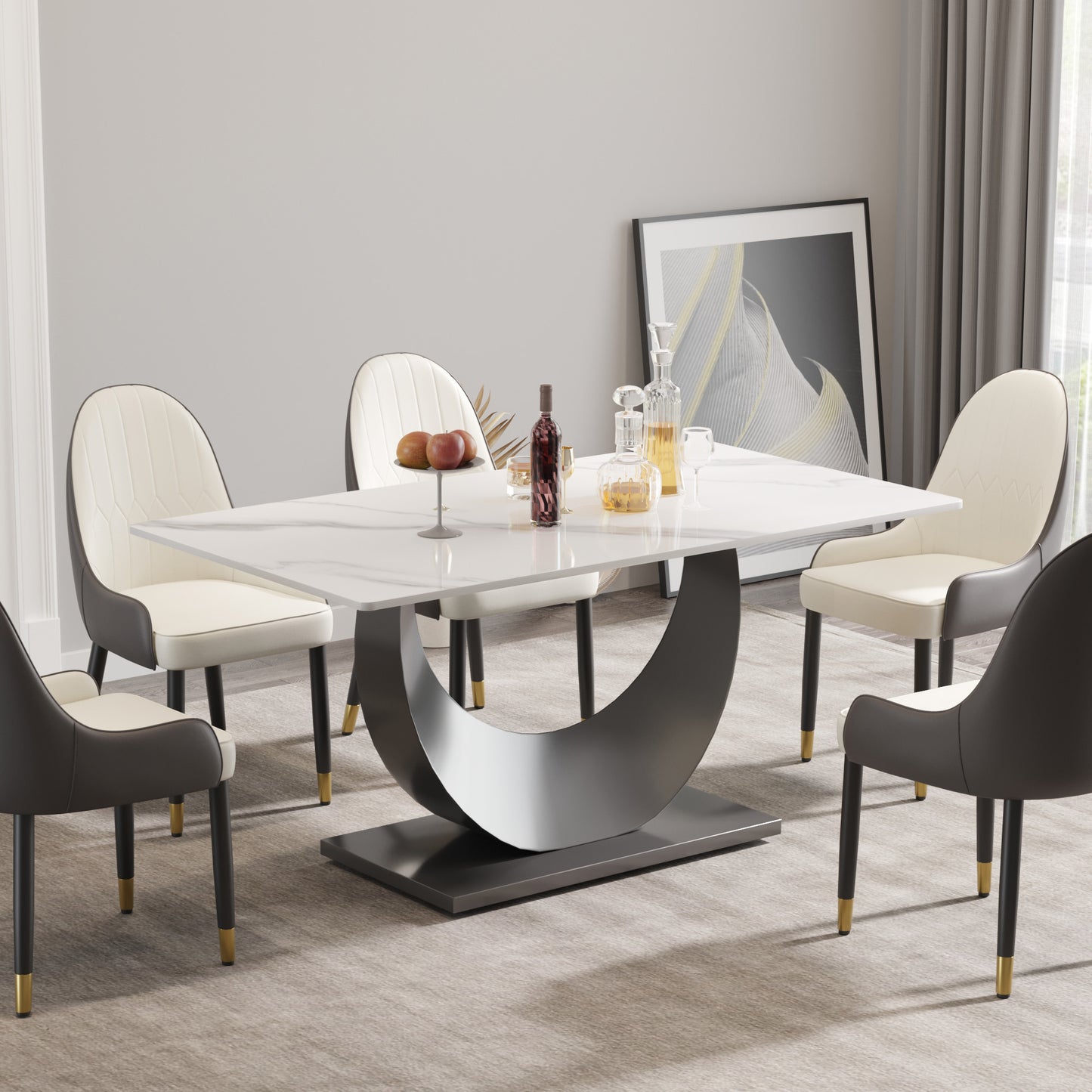Modern white marble dining table with unique gray curved pedestal base