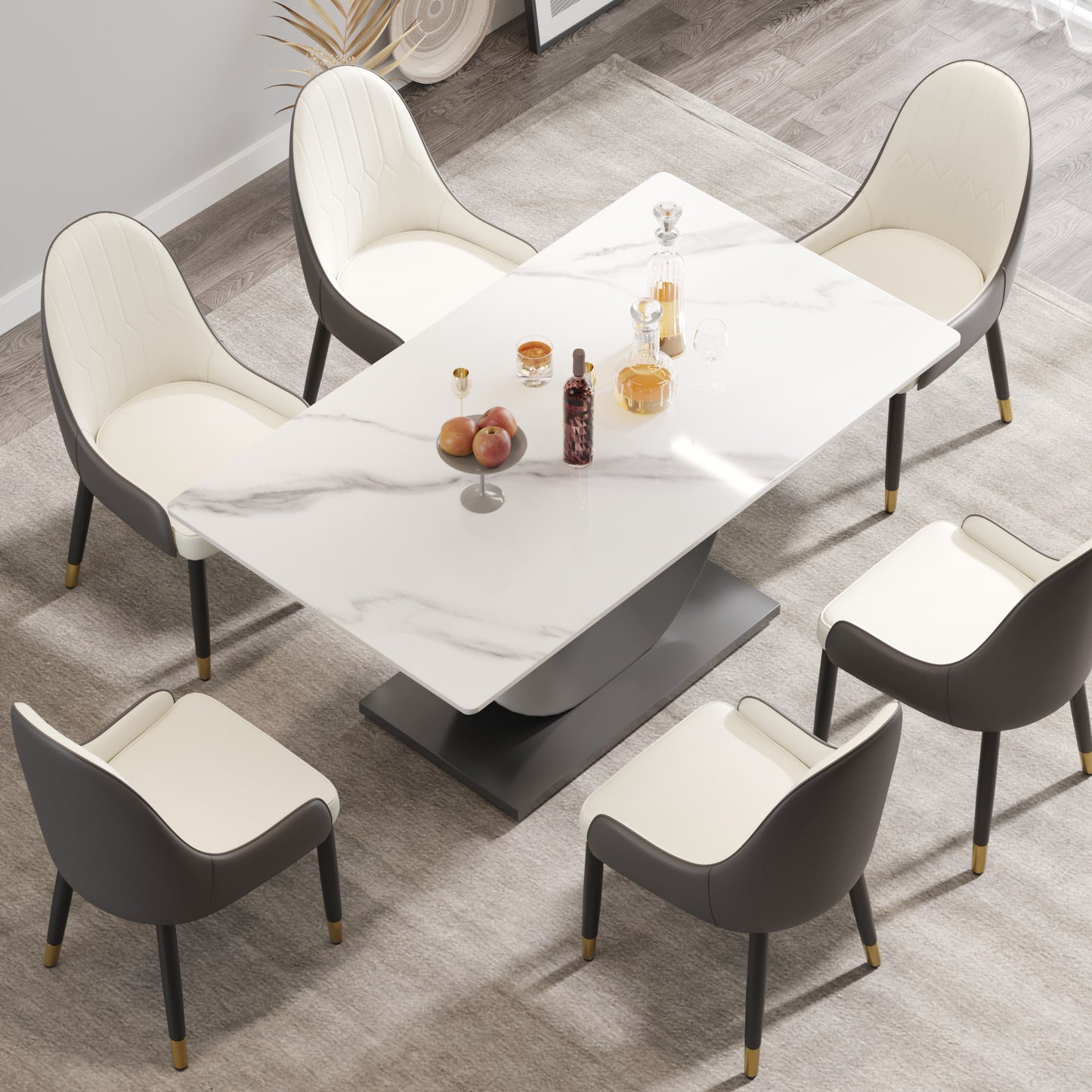 Modern faux marble dining table with upholstered chairs