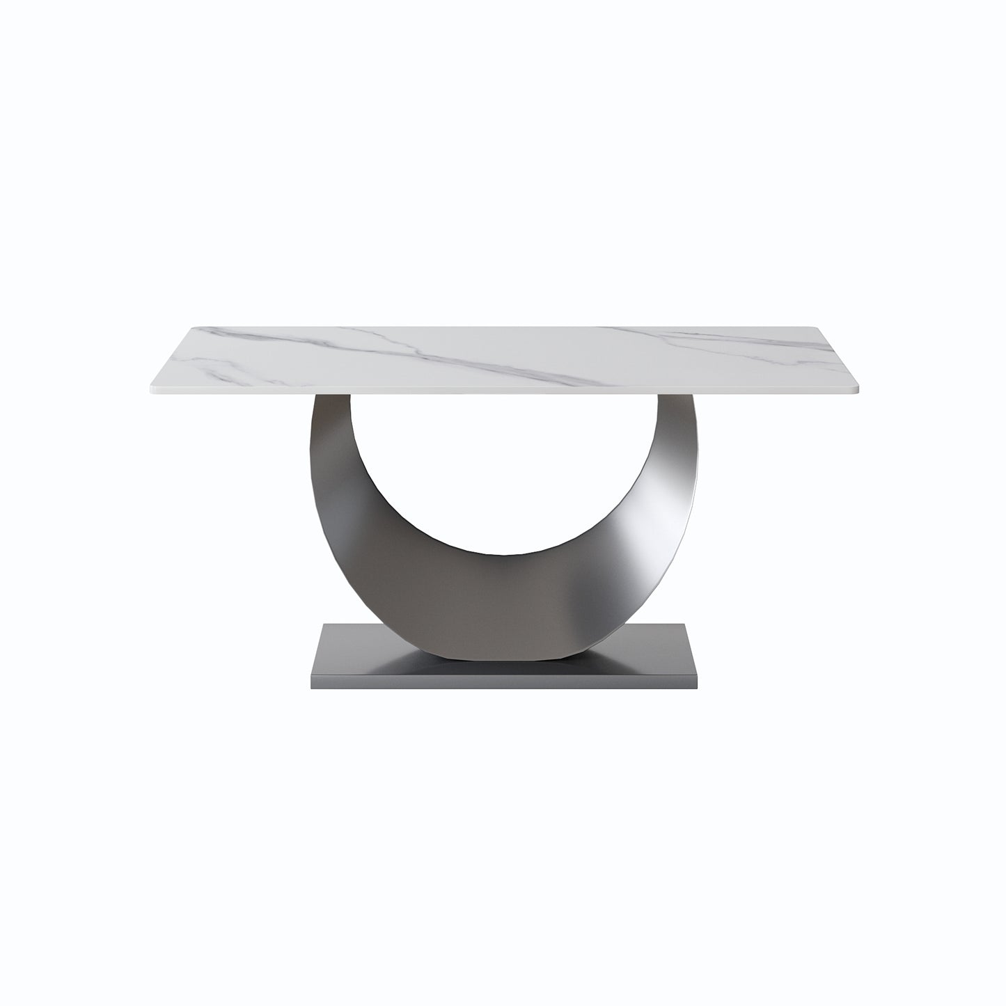 Rectangular marbled white top dining table with a silver curved pedestal base