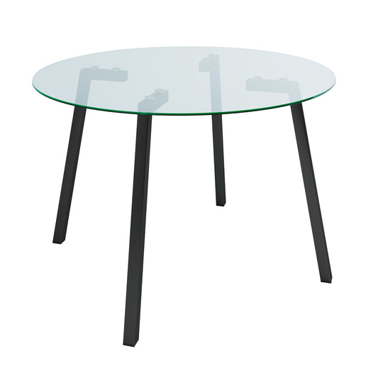 Round glass coffee table with black metal legs