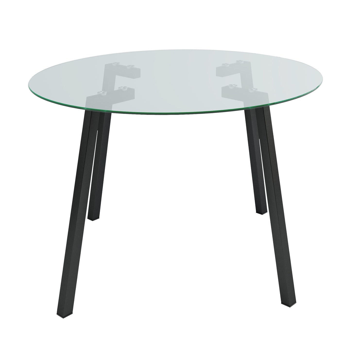 Round glass dining table with modern black metal legs