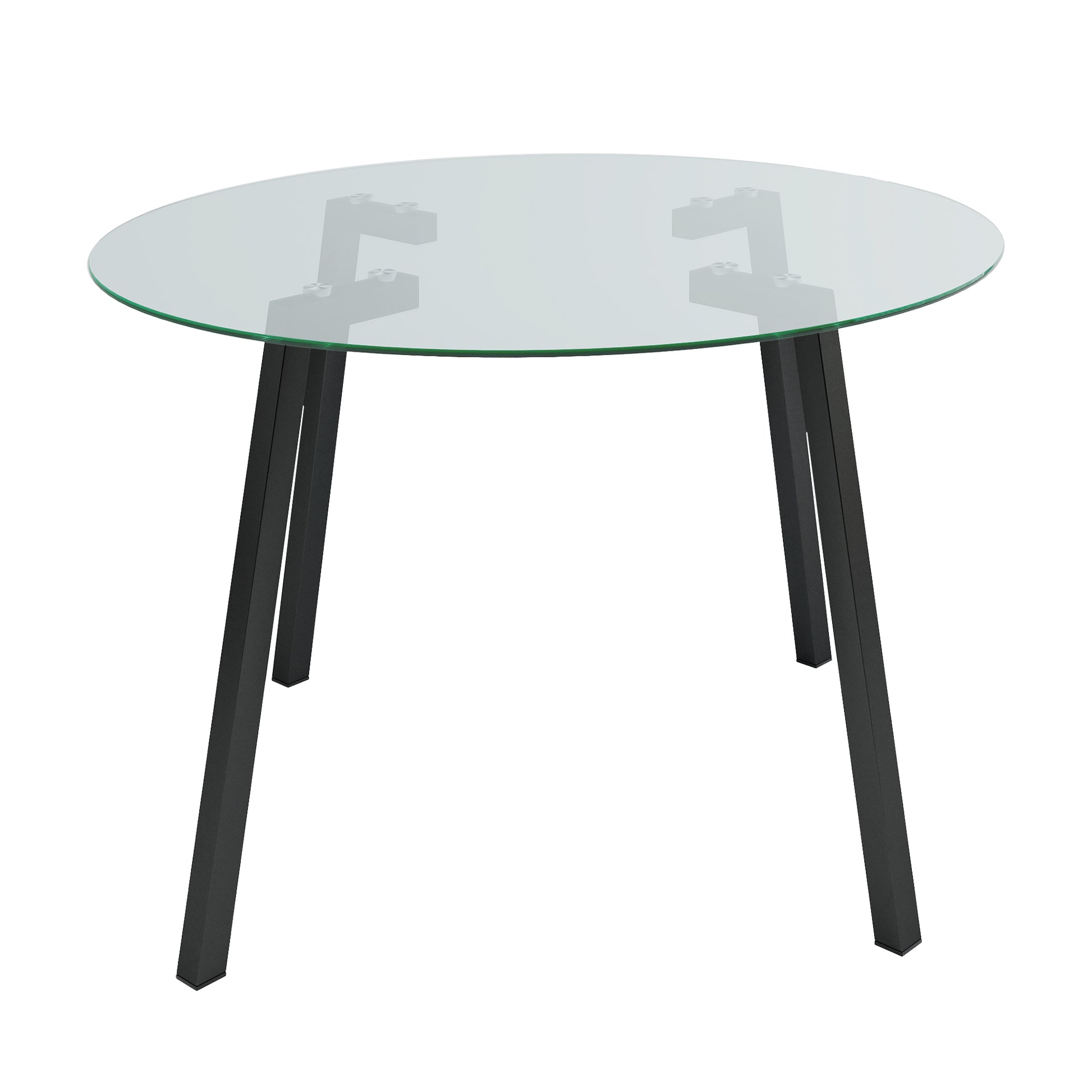 Round glass dining table with modern black metal legs