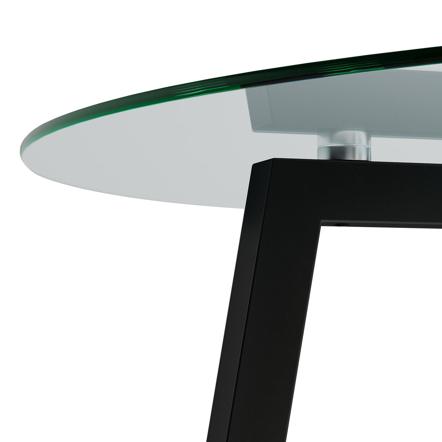 Closeup of round tempered glass tabletop edge with black metal leg