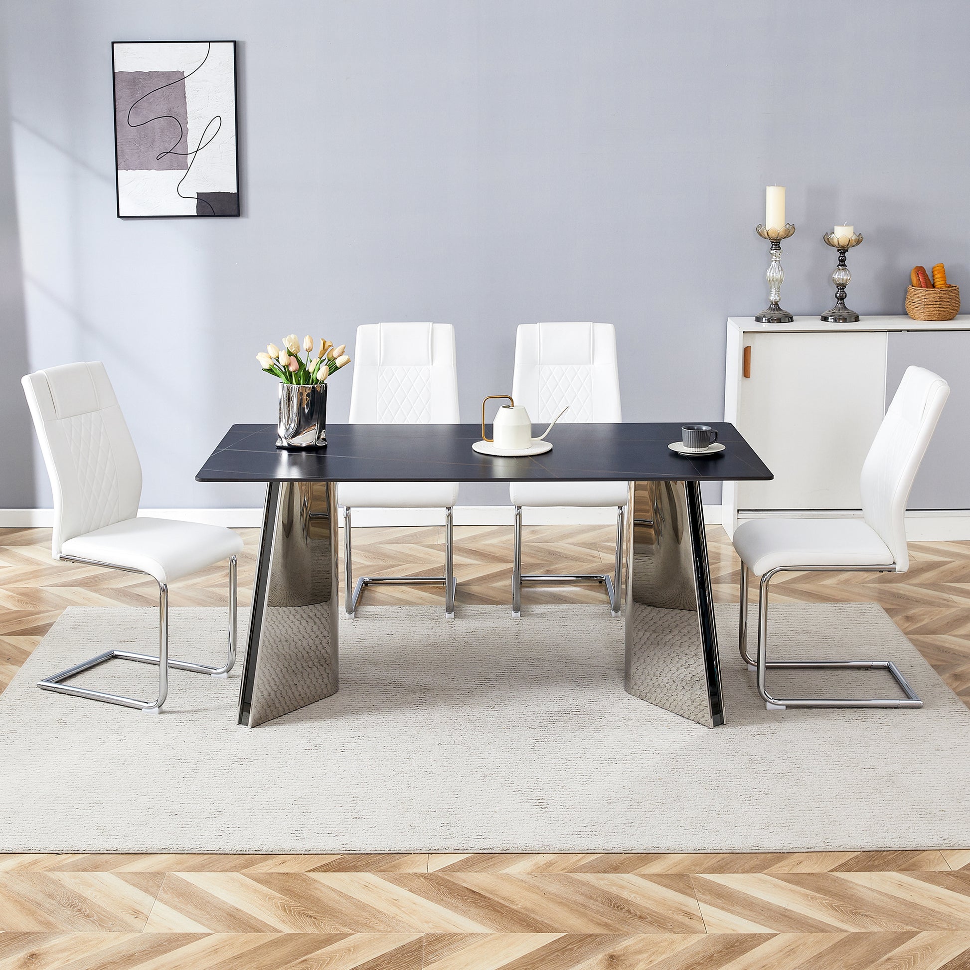 Modern black dining table with chrome pedestal legs