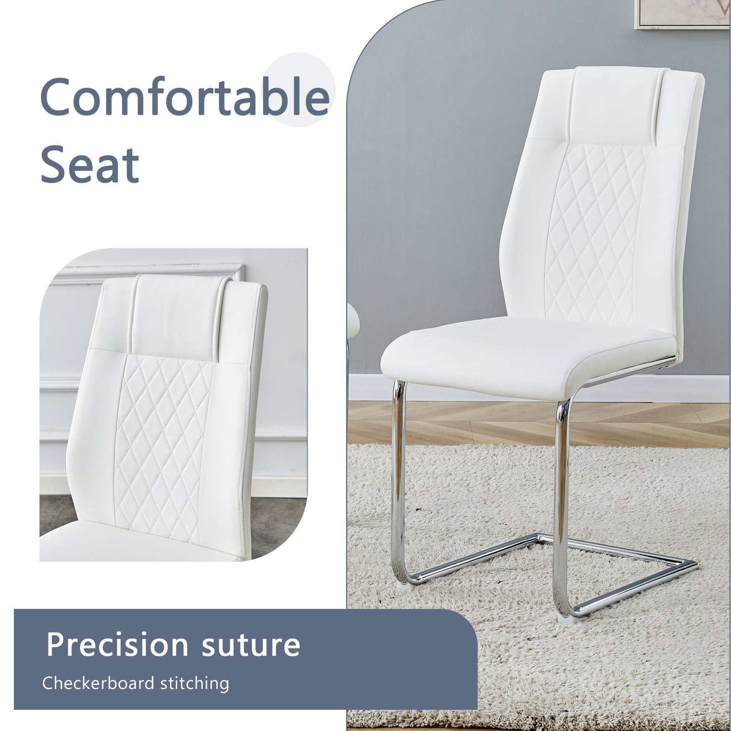 White faux leather dining chair with diamond stitching and chrome cantilever legs