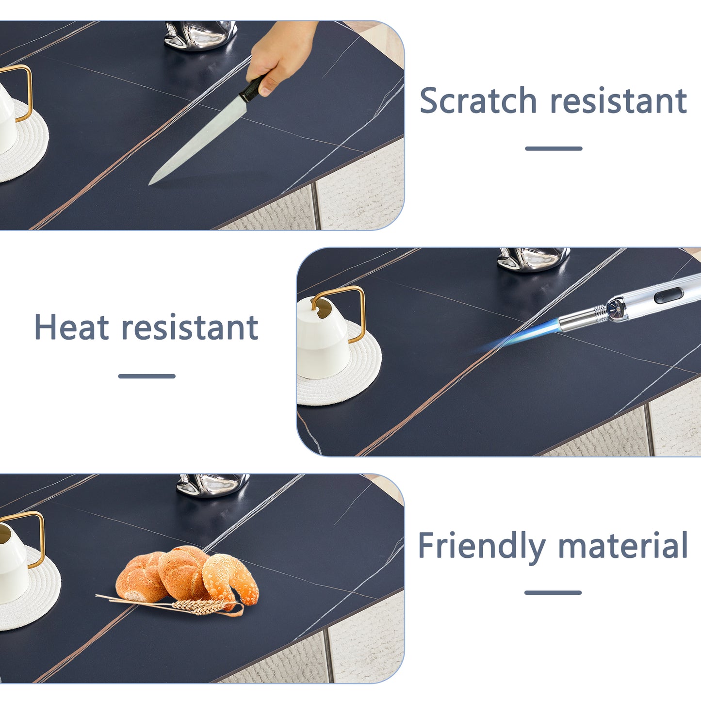Dark marble tabletop demonstrates scratch resistance with knife test