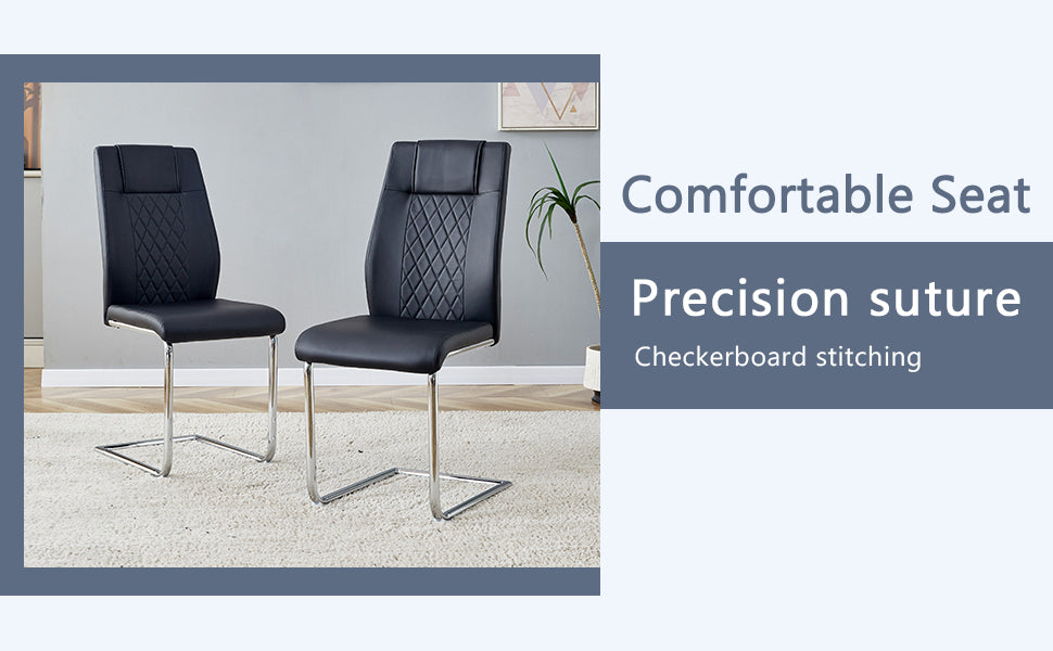 Black faux leather dining chair with diamond stitching and chrome sled base