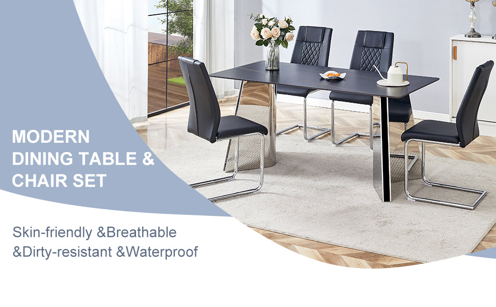 Black faux leather dining chair set with chrome cantilever legs