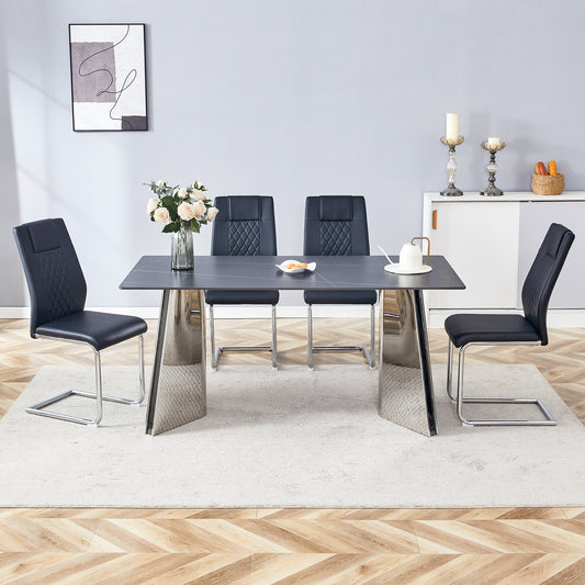 Modern black faux leather dining chair with diamond stitching