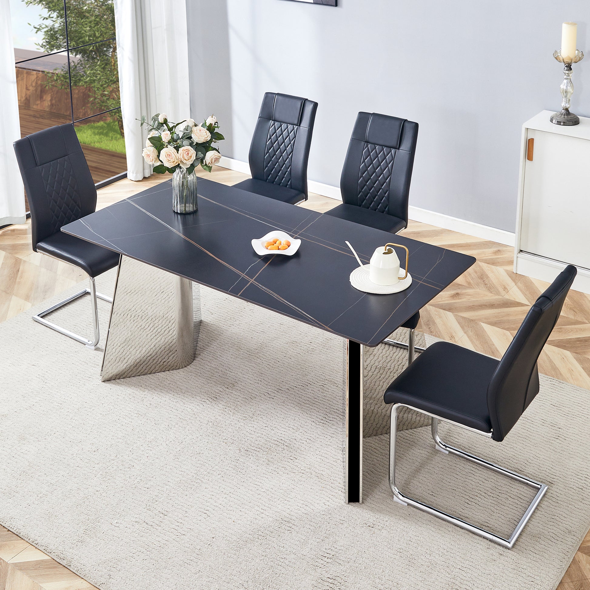 Black faux leather dining chair with tufted back